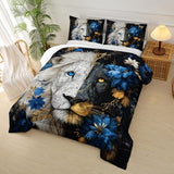 lneffble Lion Print Comforter Set King Size for Kids Boys,Black White Lion and Flower Pattern Bedding Set,Microfiber Tropical Safari Wild Animal Quilt Set with 2 Pillowcases lneffble
