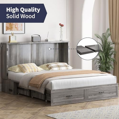 ZAFLY Murphy Bed Queen, Cabinet Bed with Tri-Folding Mattress, Hidden Guest Wall Beds with USB Charging Station & Storage Drawers, Modern Multifunctional Cabinet Murphy Beds, Saving Spaces - Grey ZAFLY