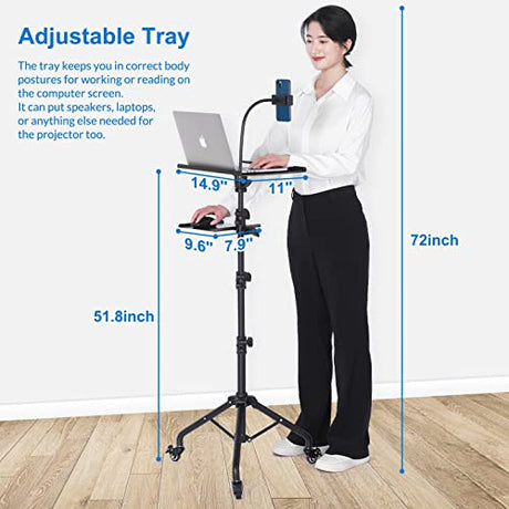 Tossbiss Laptop Tripod on Wheels with 2 Shelves, Portable Projector Floor Stand Adjustable Height 25.9 to 51.8 Inch with Phone Holder Tossbiss
