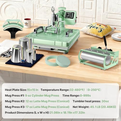Seeutek 8 in 1 Heat Press Machine 15x15 Inch, Swing Away Digital Sublimation Heat Transfer Press with 20oz & 30oz Tumbler Attachments for T-Shirts, Mugs, Hats & Plates, Green Seeutek