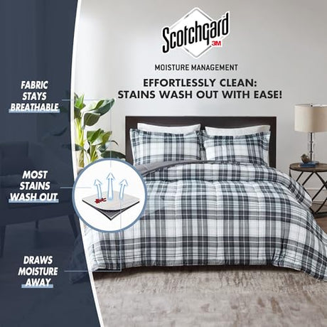 Madison Park Essentials Parkston Plaid Comforter, Matching Sham, 3M Scotchguard Stain Release Cover, Hypoallergenic All Season Bedding-Set, Full/Queen, Black, 3 Piece Madison Park