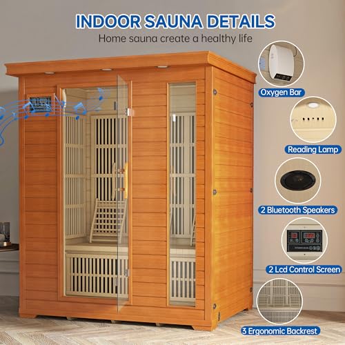 RESTISLAND 3 Person Infrared Sauna, Indoor Far Infrared Saunas for Home, 2240W Low EMF Canadian Hemlock Wooden Dry Sauna Room with 7 Chromotherapy Lamp, Bluetooth Speakers, 20 Amps RESTISLAND