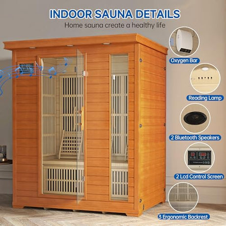 RESTISLAND 3 Person Infrared Sauna, Indoor Far Infrared Saunas for Home, 2240W Low EMF Canadian Hemlock Wooden Dry Sauna Room with 7 Chromotherapy Lamp, Bluetooth Speakers, 20 Amps RESTISLAND