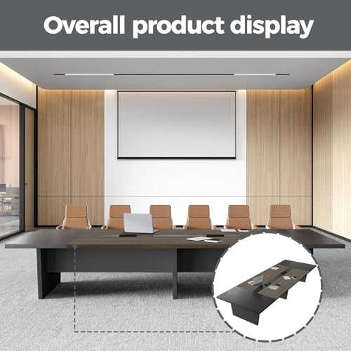 Nuipesn 138 Inch Rectangular Conference Table, 12FT Boardroom Table for 12-14, Built-in Power Outlets & USB Charging Ports, Cable Management, Splicing Design, 2 Inch Thick Top, Oak/Grey Nuipesn