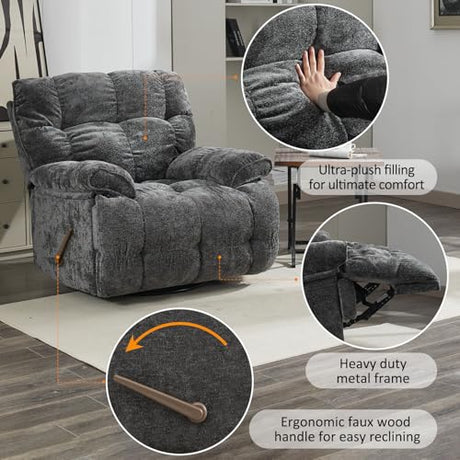 Pationate Oversized Recliner Chair, Overstuffed Swivel Rocker with Extra Wide Seat & Breathable Fabric for Living Room (Manual, Gray) Pationate