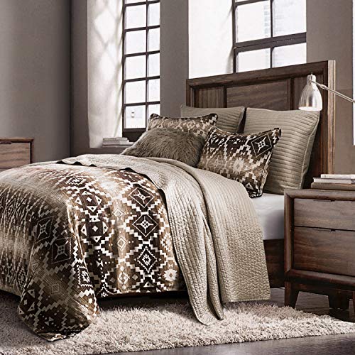Paseo Road Chalet Aztec Western Bedding, 3 Piece King Comforter Set, Cream Brown Geometric Pattern, Chenille Jacquard Southwestern Indian Modern Rustic Comforter with Pillow Shams Paseo Road