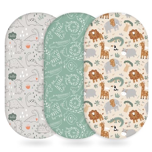 Unnivoll Baby Bassinet Sheets Girl Boy, Fitted Bassinet Sheet Set 3 Pack Bassinet Mattress Sheets Universal Fit for Rectangle, Round, Oval, Hourglass Mattress, Soft Breathable Green & Apricot Lion Unnivoll