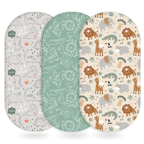 Unnivoll Baby Bassinet Sheets Girl Boy, Fitted Bassinet Sheet Set 3 Pack Bassinet Mattress Sheets Universal Fit for Rectangle, Round, Oval, Hourglass Mattress, Soft Breathable Green & Apricot Lion Unnivoll