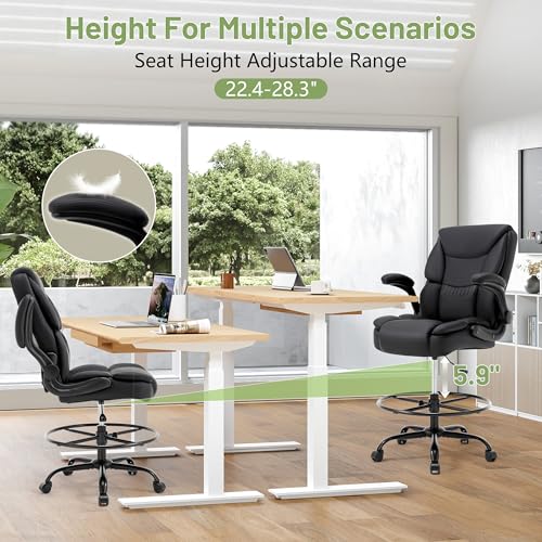 500LBS Drafting Chair, High Back Safer Standing Desk Chair, Executive Tall Office Chair with Flip-up Armrests, Upholstered PU Leather Task Chair, Ergonomic Seat with Adjustable Height&Foot Ring, Black Sofetura
