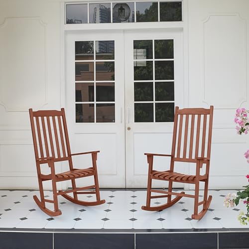 PrimeZone Oversized Outdoor Rocking Chair Set of 2, High Back Acacia Wood Patio Chairs, Weather Resistant Porch Rocker for Adult, Heavy Duty Wooden Rockers for Garden, Backyard, Lawn, Indoor, Brown