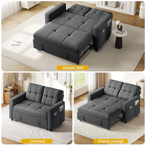 YITAHOME 55" Convertible Sofa Bed, 3-in-1 Pullout Sofa, Linen Sleeper Sofa with Reclining Backrest and Side Pocket, Modern Futon Couch for Living Room Bedroom Apartment, Grey YITAHOME