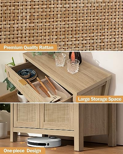 SICOTAS Sideboard Buffet Storage Cabinet Set of 3, Rattan Credenza Buffet Table, Boho Console Accent Cabinet with Doors and Drawer, Coffee Bar Cabinet for Kitchen Entryway Living Room, Natural SICOTAS