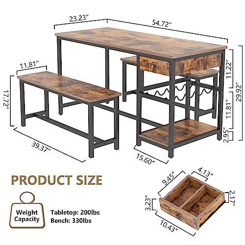 Dining Table Set for 4-6 People, 54.7" Kitchen Dinner Table with 2 Bench, Dining Room Tables Set with Storage Drawer & Shelf, 3-Piece Breakfast Nook Tables with Wine Rack &Glass Holder (Rustic) Gyfimoie