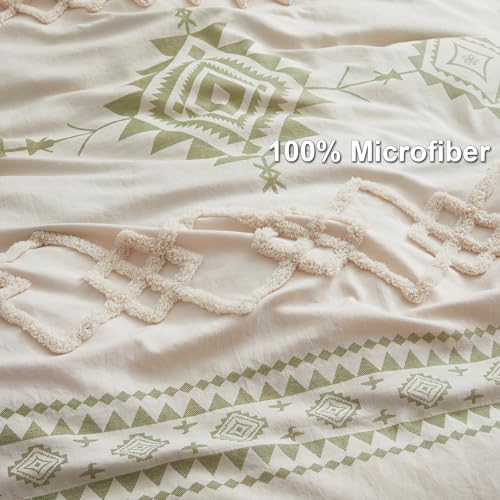 Oli Anderson Boho Duvet Cover Set Queen Size, Beige and Sage Green Color Clash 3 Pieces Microfiber Bedding Set, Durable and Super Soft Duvet Covers with Zipper and Ties, 90"*90" Oli Anderson