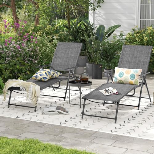 Giantex Lounge Chair Outdoor Set of 2 - Tanning Chair with 6 Adjustable Backrest, 2-Level Footrest, Folding Sunbathing Lounger for Patio, Poolside, Yard, Chaise Lounge Chair, Beach Chair (Grey)