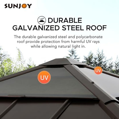 Sunjoy Hardtop Gazebo 9 x 9 ft. Cedar Framed Wood Gazebo with Brown Steel & Polycarbonate Pyramid Hip Roof and Ceiling Hook for Garden, Backyard - WoodArtSupply