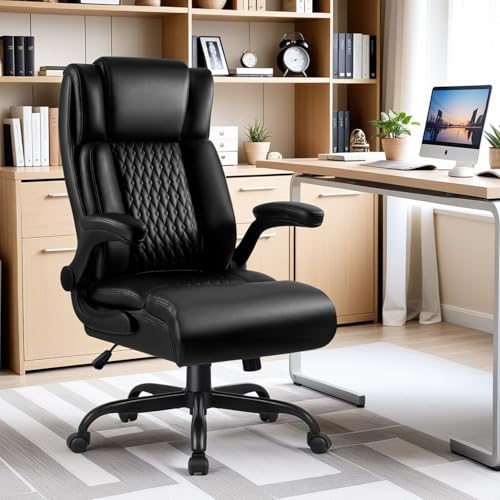VENDORZ Big and Tall Office Chair, Ergonomic Leather Office Computer Desk Chair, Black Heavy Duty Office Chair with Flip-up Armrest, Comfortable High Back Home Chair 400 LBS with Lumbar Support VENDORZ