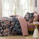 Dobuyly Black Comforter Queen Size Set, 7 Piece Floral Bedding Comforter Set, Black and Pink Bed in a Bag Botanical Flower Pattern with Sheets, Pillowcases & Shams All Season Dobuyly