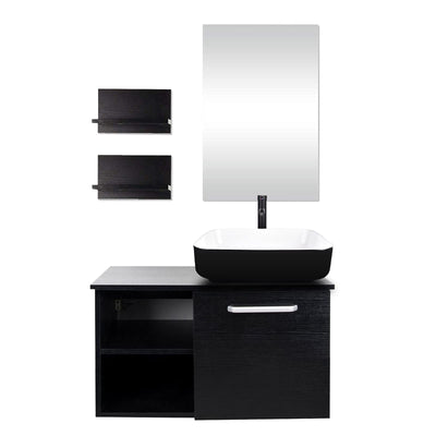 YOURLITE 28 Inch Floating Bathroom Vanity with Sink,Modern Wall Mounted Bathroom Vanity and Tempered Glass Sink Combo with Mirror and Faucet and Pop-up Drain Set,Black and White Ceramic Sink