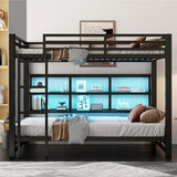 Harper & Bright Designs Queen Over Queen Bunk Bed with Storage Cabinets and LED Lights, Metal Bunk Bed Frame for Kids Teens, Black Harper & Bright Designs