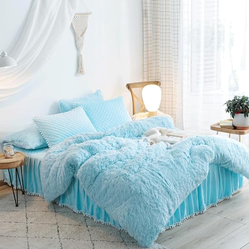 HAIHUA Plush Blue Comforter Cover Twin Set, Furry Blue Girls Twin Bedding Set 2 Pieces (1 Shaggy Duvet Cover + 1 Faux Fur Plush Pillow Cases) Girls Fuzzy Bed Set, Fluffy Bed Set, Zipper Closure HAIHUA