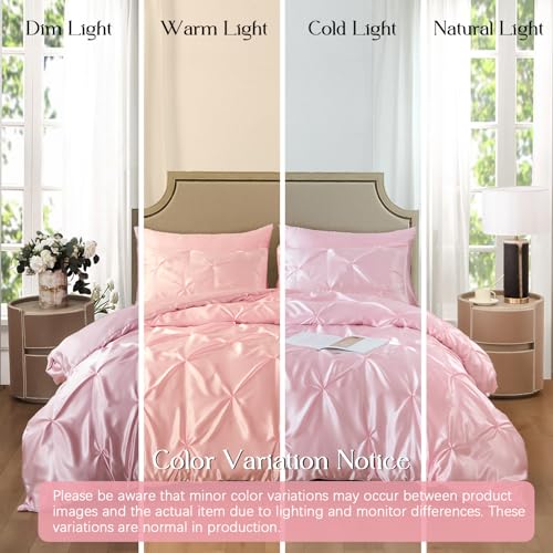 Heywaller 5-Piece Pinch Pleat Duvet Cover Set, Pintuck Duvet Cover Full Size with Zipper, Light Pink Satin Duvet Cover Shabby Chic Bedding (2 Pillow Shams + 2 Pillowcases), No Comforter Heywaller