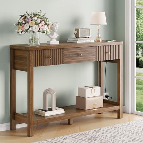 47 Inch Fluted Console Table with Outlets and USB-C Port, Mid Century Modern Sofa Table with 3 Drawers and Open Shelf, Entryway Table with Charging Station for Behind Couch, Hallway, Foyer, Walnut Decofy