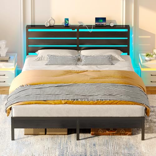 Rolanstar Bed Frame King Size with USB Charging Station, LED Bed Frame with Wood Storage Headboard, Black Metal Platform Bed with Under Bed Storage, No Box Spring Needed, Noise Free Rolanstar