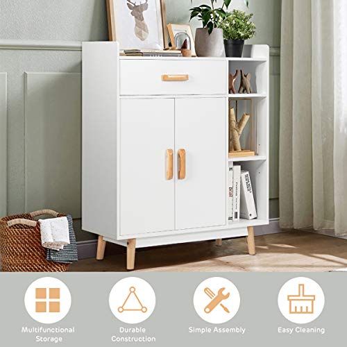 Giantex Floor Storage Cabinet Free Standing Cupboard with 1 Drawer, 2 Doors, 3 Shelves & 4 Rubber Wood Legs for Home Office Sideboard Storage Organizer, White - WoodArtSupply