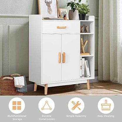 Giantex Floor Storage Cabinet Free Standing Cupboard with 1 Drawer, 2 Doors, 3 Shelves & 4 Rubber Wood Legs for Home Office Sideboard Storage Organizer, White - WoodArtSupply