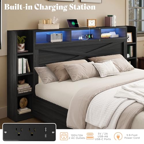 AMERLIFE 45'' Farmhouse King Bed Frame with 4 Drawers, LED Bed Frame with Bookcase Headboard & Side Shelves, Wood Platform Bed with Charging Station, Black AMERLIFE