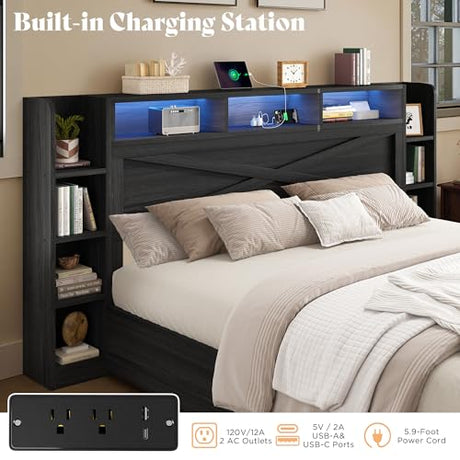 AMERLIFE 45'' Farmhouse King Bed Frame with 4 Drawers, LED Bed Frame with Bookcase Headboard & Side Shelves, Wood Platform Bed with Charging Station, Black AMERLIFE