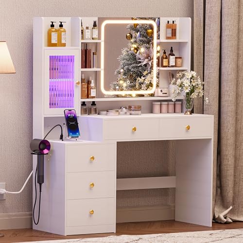 Makeup Vanity Desk with Mirror and Lights, 47'' Large Vanity Table with 5 Drawer, RGB Cabinet, Power Outlet, Jewelry Hook, 3 Light Mode & Brightness Adjustable, Bedroom Dressing Table for Girls, White Keehusux