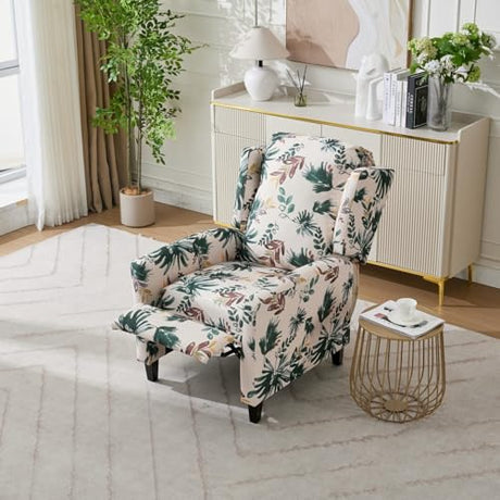 KISSLIVE Push Back Recliner Chair with High Back, Blue Floral Print Fabric Upholstery, Classic Wing Back Design, 250 LBS Capacity (Beige) KISSLIVE