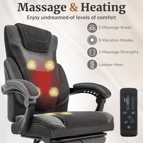 Massage Office Chair with Foot Rest,6-Point Vibration & Heat Reclining Computer Chair,Big and Tall Fabric Office Chair for Heavy People,Ergonomic Executive Desk Chair,Thick Cushion,High Back,BlackGrey Sofetura