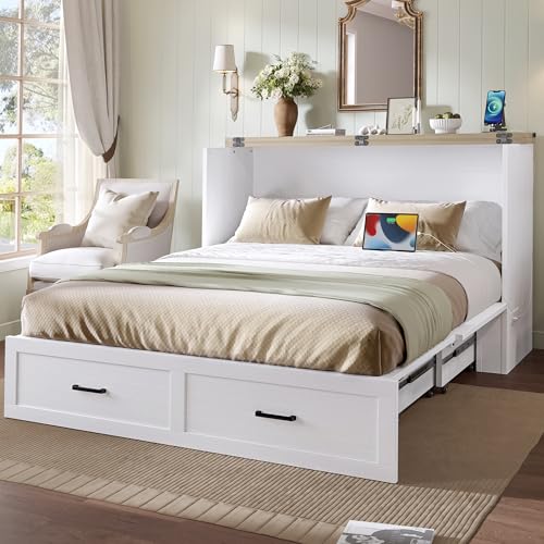 Bellemave Queen Murphy Bed, Cabinet Bed with Charging Station and 1 Large Storage Drawer, Farmhouse Murphy bedframe with Foldable Panel, Noisy Free, for Guest Bedroom, Living Room, White Bellemave