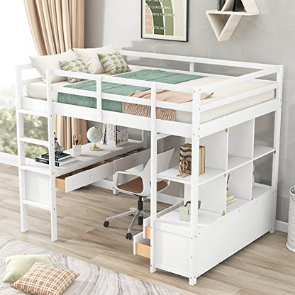 BOVZA White Full Size Loft Bed with Built-in Desk, Drawers, and Storage Shelves