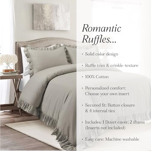 Lush Decor Reyna Ruffle Cotton Duvet Cover Set 3 Piece Set Full/ Queen, Gray - Queen Size Bedding Set - Gray Duvet Queen- Ruffled Bedding - Coquette Decor Lush Decor