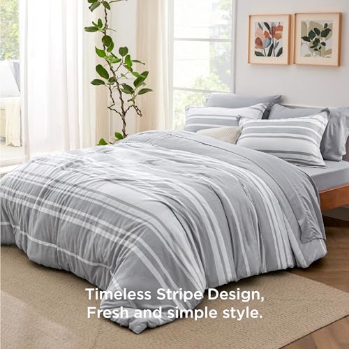Bedsure King Comforter Set 7 Pieces, Grey Striped Bedding Set for All Seasons, Reversible, Cationic Dyeing Bed in a Bag with Comforter, Sheets, Pillowcases & Shams Bedsure