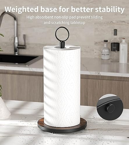 OROPY Paper Towel Holder Countertop with Heavy Duty Wood Base, Farmhouse Paper Towel Roll Stand for Kitchen Counter fits Standard and Jumbo Size Paper Towels (Brown)