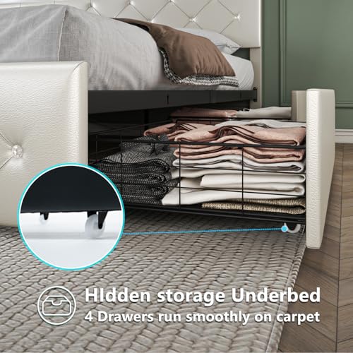 Forrise Bed Frame Full Size with LED Light and Storage Drawers, Adjustable Headboard with PU Leather Upholstered, 2 Sockets and 2 USB Ports, No Box Spring Needed,Wooden Slats Support, White. Forrise