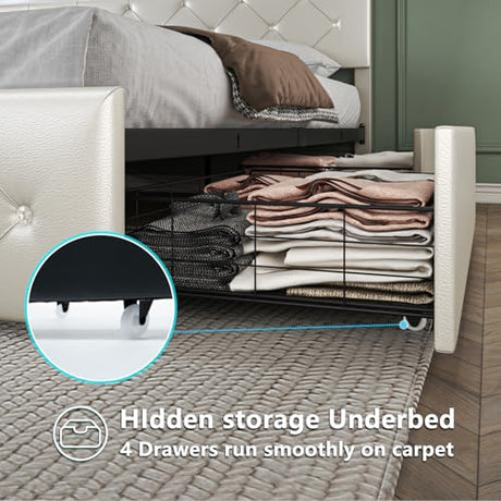 Forrise Bed Frame Full Size with LED Light and Storage Drawers, Adjustable Headboard with PU Leather Upholstered, 2 Sockets and 2 USB Ports, No Box Spring Needed,Wooden Slats Support, White. Forrise