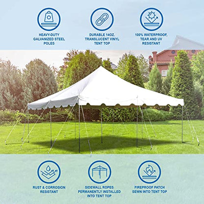 Party Tents Direct 20’ x 20’ Weekender Canopy Pole Tent, Indoor and Outdoor Heavy Duty Easy Up, 80 Person Capacity Tent for Parties, Weddings, and Events, Commercial and Residential Use, PVC White Top