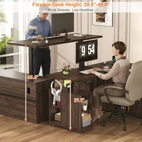 63" L-Shaped Electric Standing Desk, Executive Standing Desk with File Cabinet, Height Adjustable Sit Stand Desk with Storage Shelves & Drawers, Corner Computer Desk with Power Outlet, Brown Squireewo