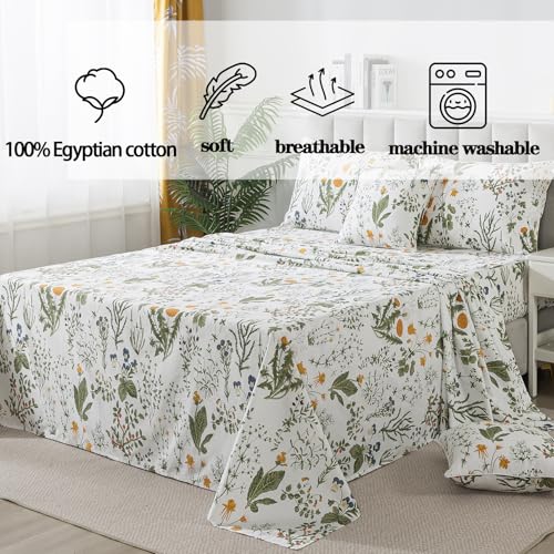 FADFAY 100% Egyptian Cotton Sheets Twin Botanical Printed Floral Sheets Yellow Flowers & Leaves Pattern Farmhouse Bedding Soft and Breathable French Country Bedding 4Pcs Deep Pocket Twin Sheet Set FADFAY