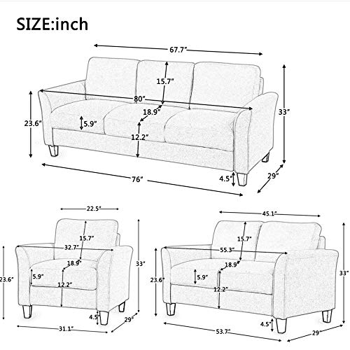 Eafurn 3 Piece Comfy Living Room Sofa Sets,Modern Polyester-Blend Upholstered 80" w Three Seater Sofa & 55.3" w Loveseat Couch and 32.7" w Singel Armchair for Bedroom, Small Space, Apartment, Office