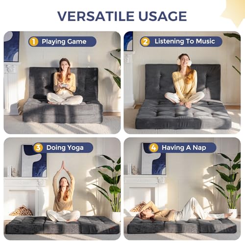 MAXYOYO Tri-Fold Mattress, 6 Inch Tufted Folding Futon Foam Bed, Foldable Floor Mattress Guest Bed Futon Topper Portable Camping Sleeping with Corded Fabric, Dark Grey, 59"x79" MAXYOYO