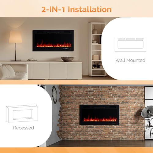 ROVSUN 36 Inch Electric Fireplace with Remote, 1500W Wall Mounted & Recessed Fireplace with Timer, 12 Flame Color, 5 Brightness, Crystal Set ROVSUN
