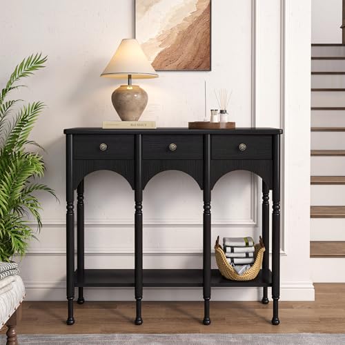 Topbele Console Table with 2 Drawers & Shelf, 40" Mid-Century Modern Entryway Table, Retro 2-Tier Sofa Table, Wooden Accent Table for Living Room, Hallway, Black Topbele