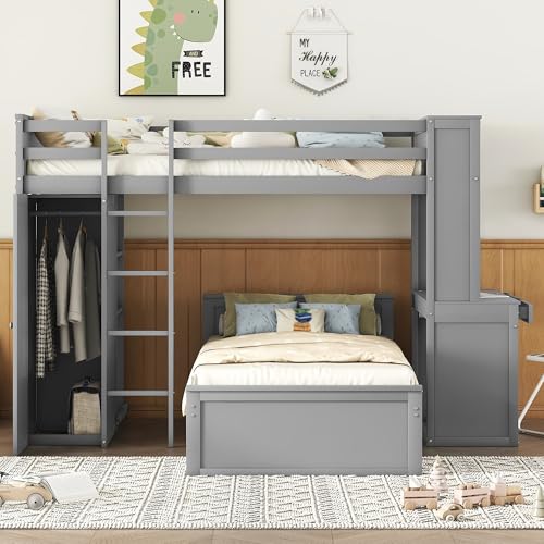 Harper & Bright Designs Twin Over Twin Bunk Bed with Desk, Drawers and Wardrobe, Wooden Loft with Stand-Alone Bed and Shelves for Kids Teens, Grey Harper & Bright Designs